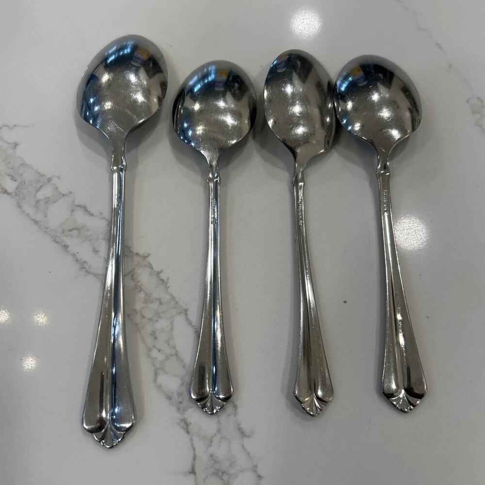 Vtg 4PC ONEIDA JUILLIARD Glossy Stainless CUBE 1 Serving Spoon 3 Dinner Spoons - Picture 7 of 8